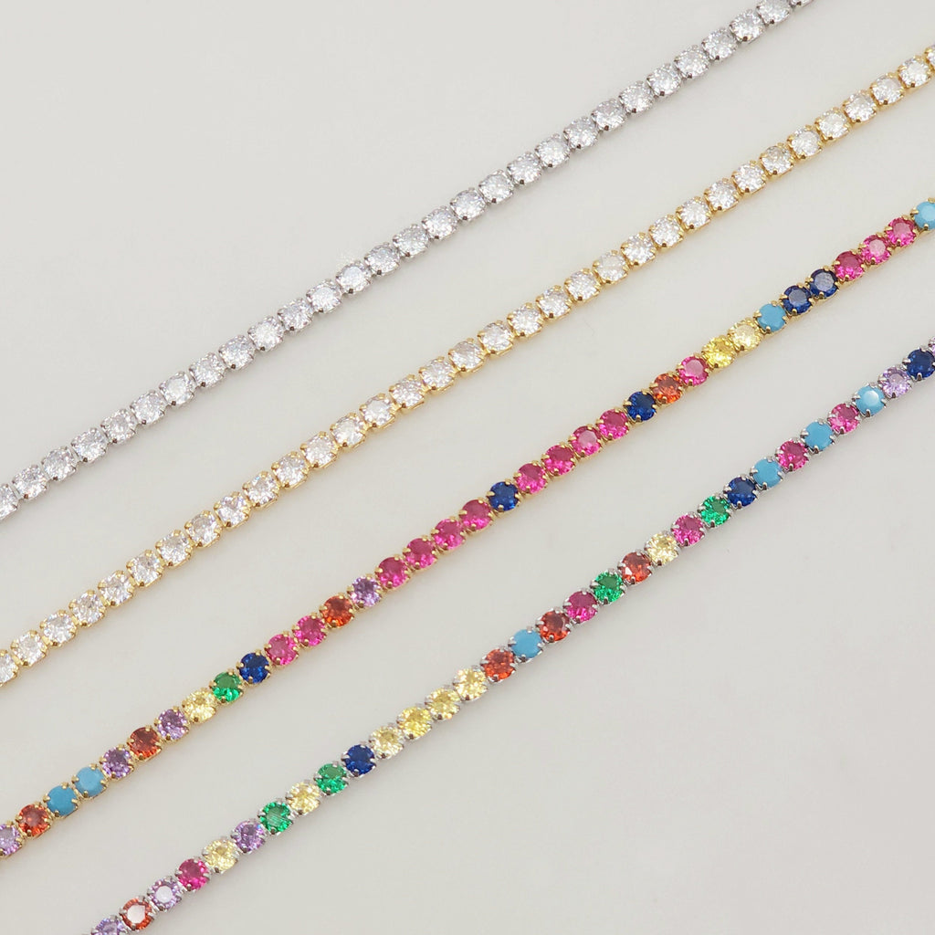 Rainbow Tennis Necklace, Tennis Chocker, 18K gold/Silver, 3mm, Adjustable, Finish Crystals Chain, READY TO WEAR S20319