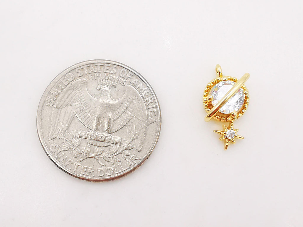 2pcs Planet Shiny Star Charm, Cubic Planet Pendant, 17mm, 18K Gold Plated, Necklace Making Charms, Jewelry Findings S360