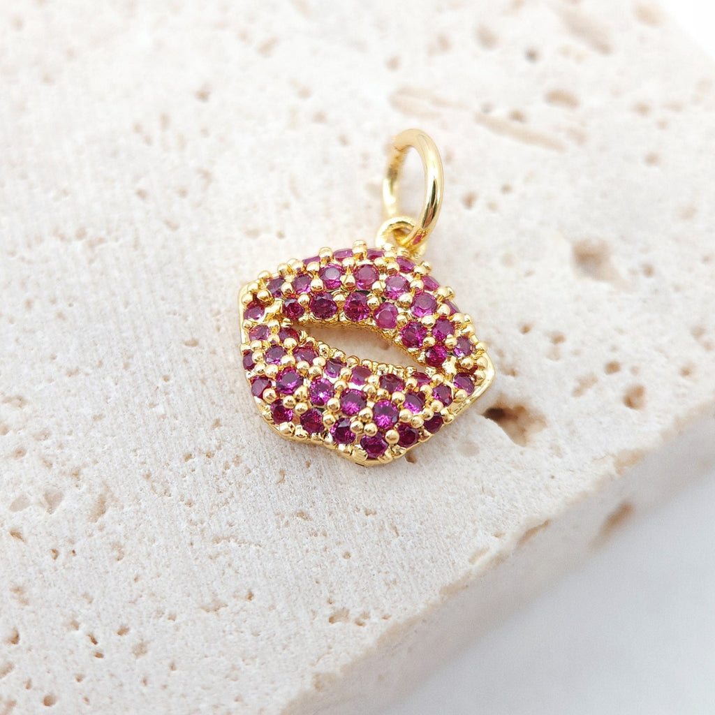 Red Cubic Lip Charms, 18K Gold Lip Pendants, Micro Pave Charms for Necklace/ Bracelet/ Earring Making, Jewelry Findings S212