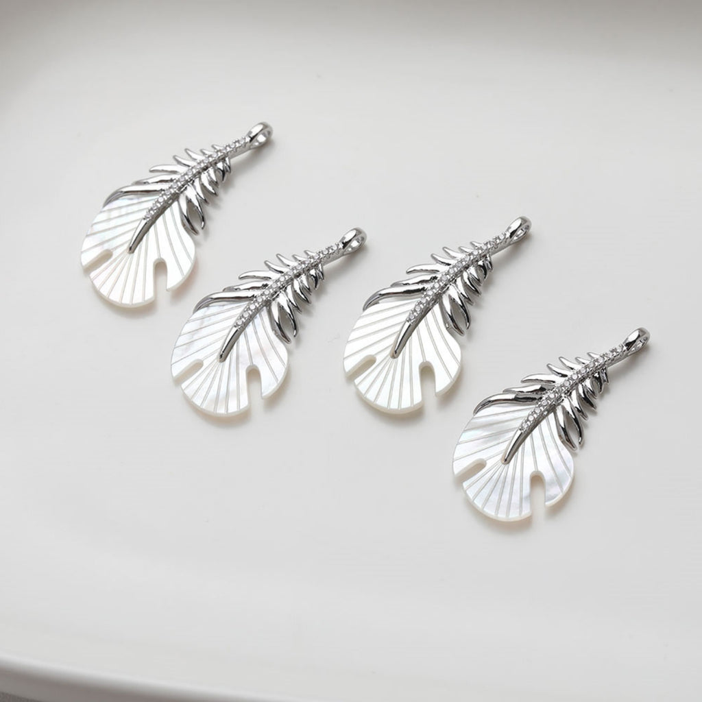 Feather Shell Pendant, Real Gold/Silver Plated, CZ Pave, Jewelry Making Findings GZ533