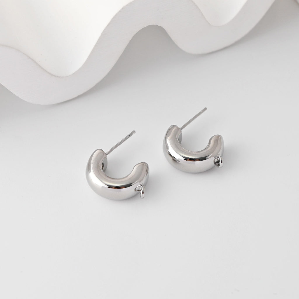 C Shape Earrings Post With Loop, 18K Gold Plated, Nickel Free, S925 Silver Pin, Ear Stud Hypoallergenic Earring Findings D0366