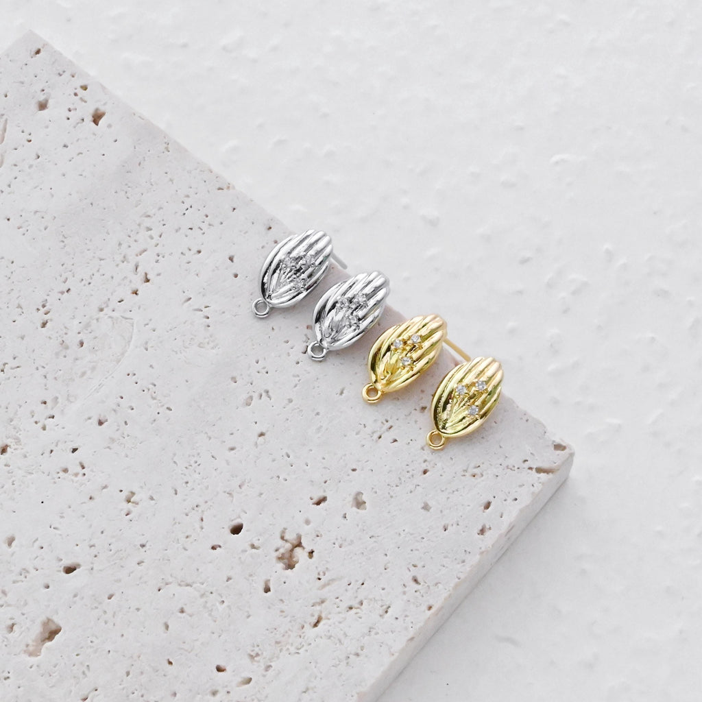 Poste para pendientes de hoja, pendiente de botón de latón chapado en oro auténtico de 18 quilates con aro, pavé de circonitas, pasador de plata S925, sin níquel, fornitura para pendientes D0438