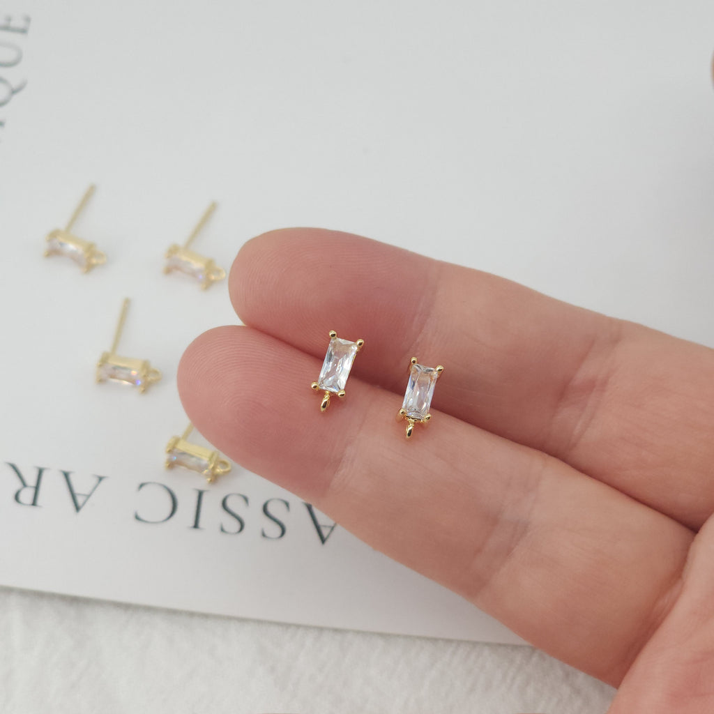 4pcs Rectangular CZ Earring Post With Loop, S925 Silver Pin Nickel Free Post, 18K gold Plated, Hypoallergenic Earring Findings ZX059