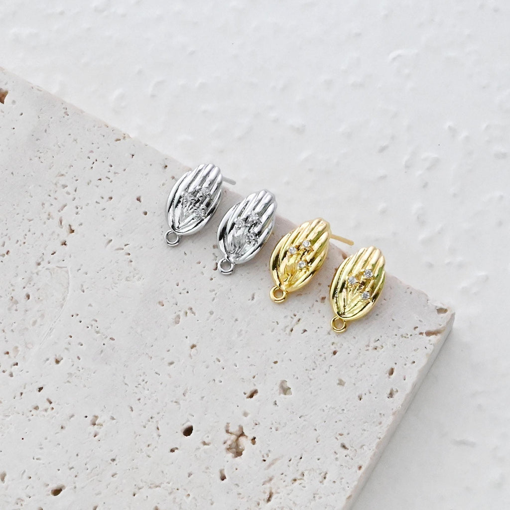 Poste para pendientes de hoja, pendiente de botón de latón chapado en oro auténtico de 18 quilates con aro, pavé de circonitas, pasador de plata S925, sin níquel, fornitura para pendientes D0438