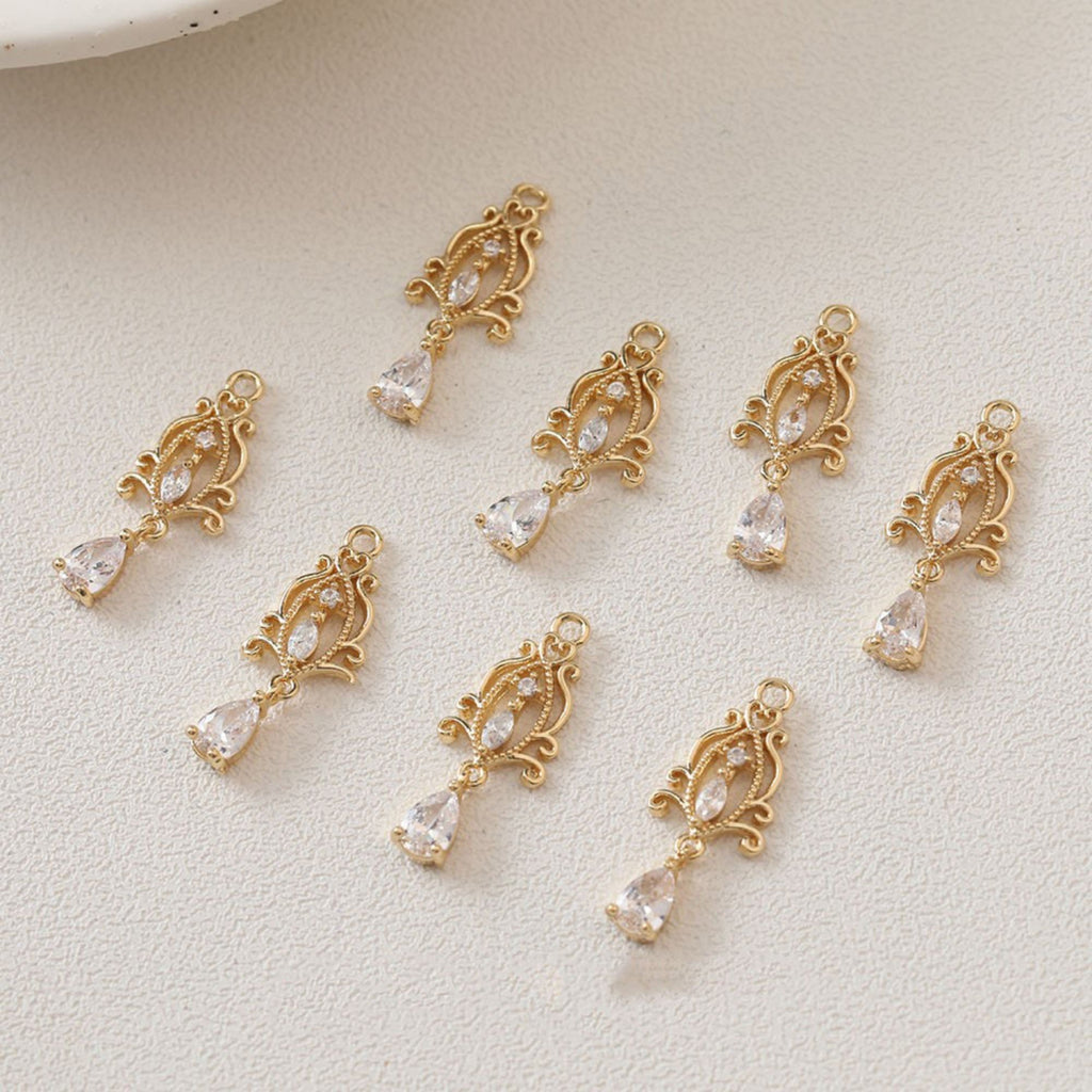 Flower Charm, Cubic Zircon Crystal Flower Pendant, Drop CZ Earring Charms,  Real Gold Plated Brass Earring Charms, Jewelry Findings JG053