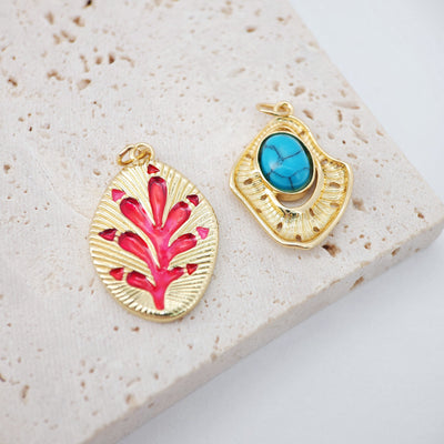 Woodland Plants Pendant, 18K Gold Plated, Turquoise, Necklace Making Charm, Jewelry Findings S20452