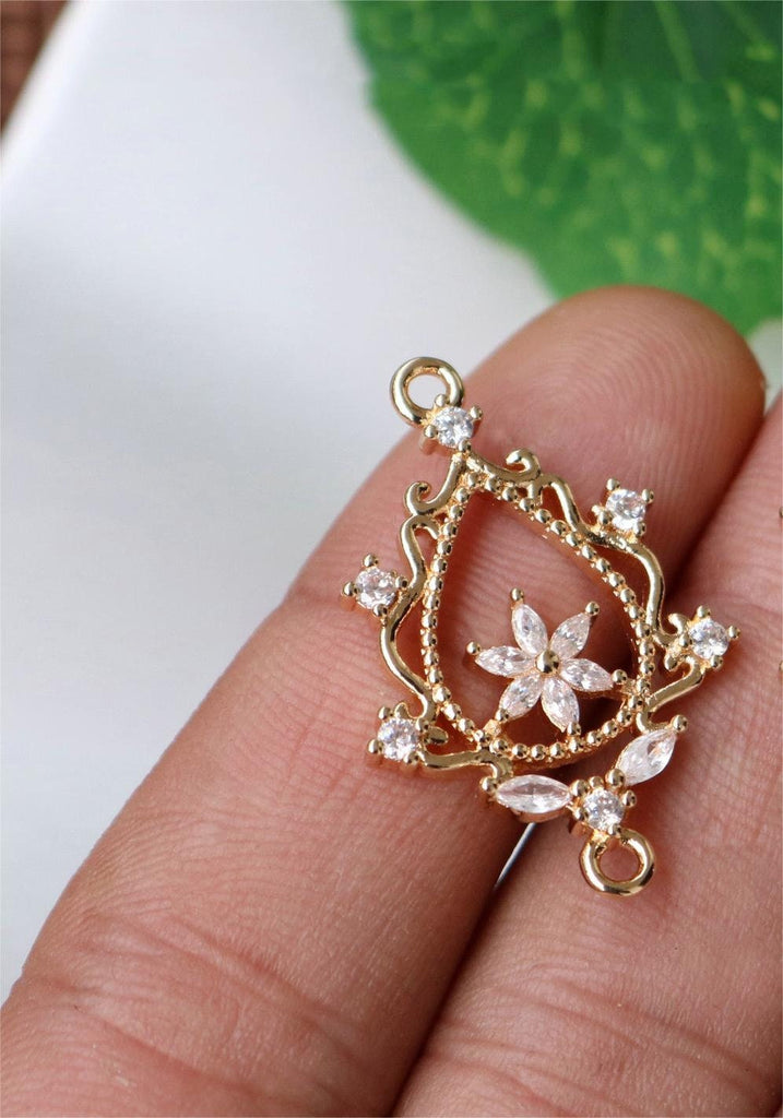 10pcs Flower Connector Charm, Cubic Zircon Crystal Flower Pendant, Real Gold Plated Brass Earring Charms, Jewelry Findings HL047-F150