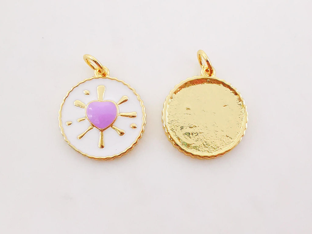 Enamel Round Heart Charm, 18K Gold Plated Love Pendant, 16mm, Necklace Making Charm, Jewelry Findings S995