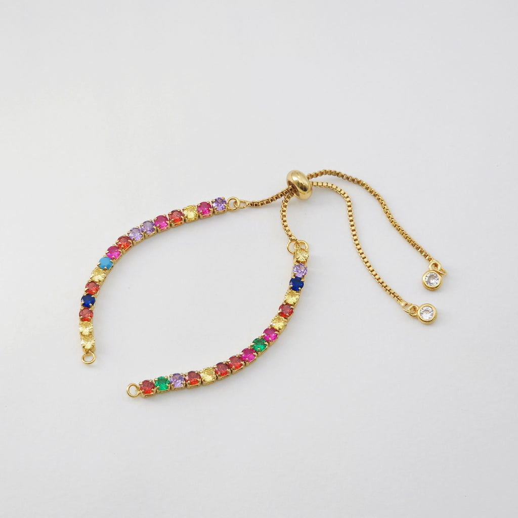Cadena ajustable para hacer pulseras, cadena de tenis con pavé de circonitas arcoíris, chapada en oro de 18 quilates, cadena deslizante semiterminada con tope de goma S1233