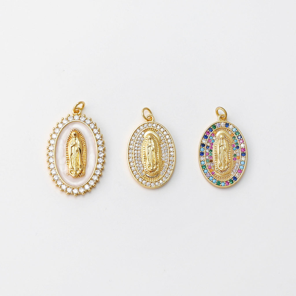 Cubic Saint Maria Charm, Religious Pendant, 18K Gold Plated Micro CZ Pave Our Lady Pendant, Vintage Necklace Making Charm S20827