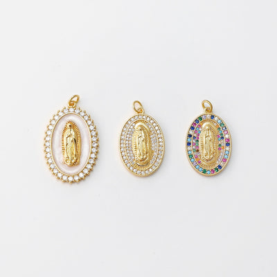 Cubic Saint Maria Charm, Religious Pendant, 18K Gold Plated Micro CZ Pave Our Lady Pendant, Vintage Necklace Making Charm S20827