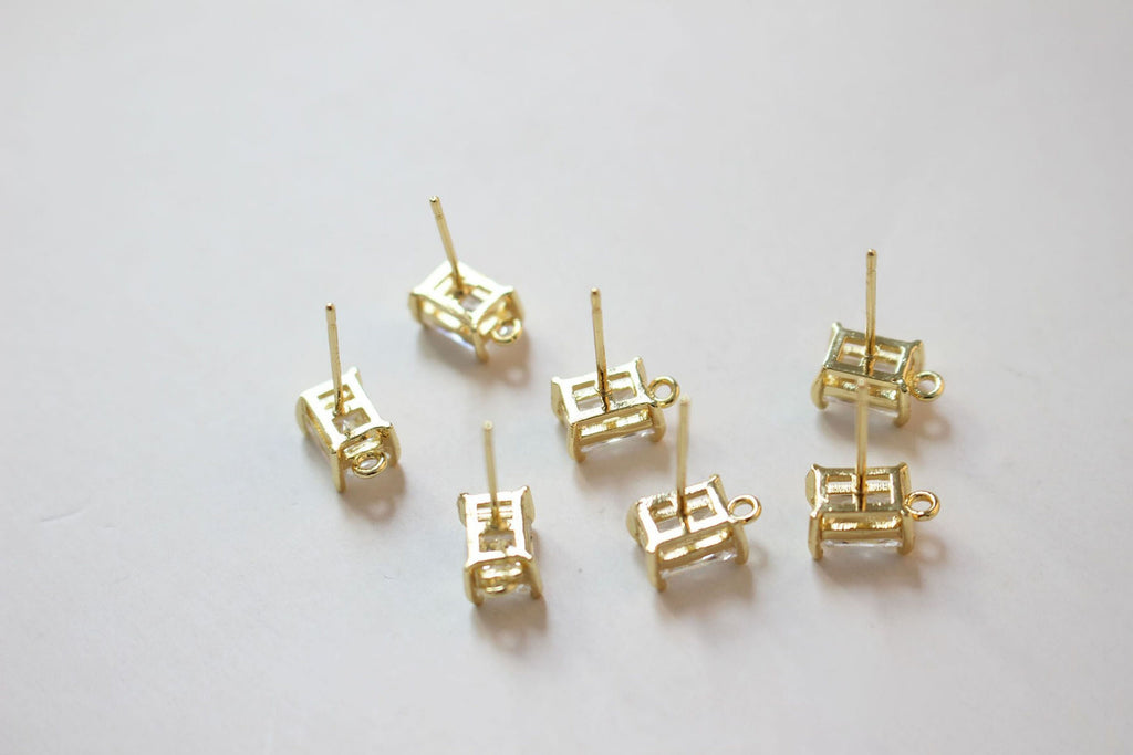 Rectangular Ear Post With Loop, Star, CZ Stone, S925 Silver Ear Pin Nickel Free, Gold Ear Stud, Hypoallergenic Earring Findings GZ179