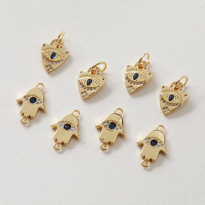 Dije de mano de Hamsa con pavé de circonitas cúbicas, chapado en oro de 18 quilates, 24 mm, ideal para collares y pulseras, accesorio de joyería BB073