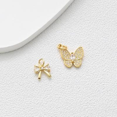 Colgante de mariposa/pajarita, dijes de mariposa con circonita cúbica, dijes de animales chapados en oro de 18 quilates, para hacer pulseras y collares, accesorios de joyería S1354