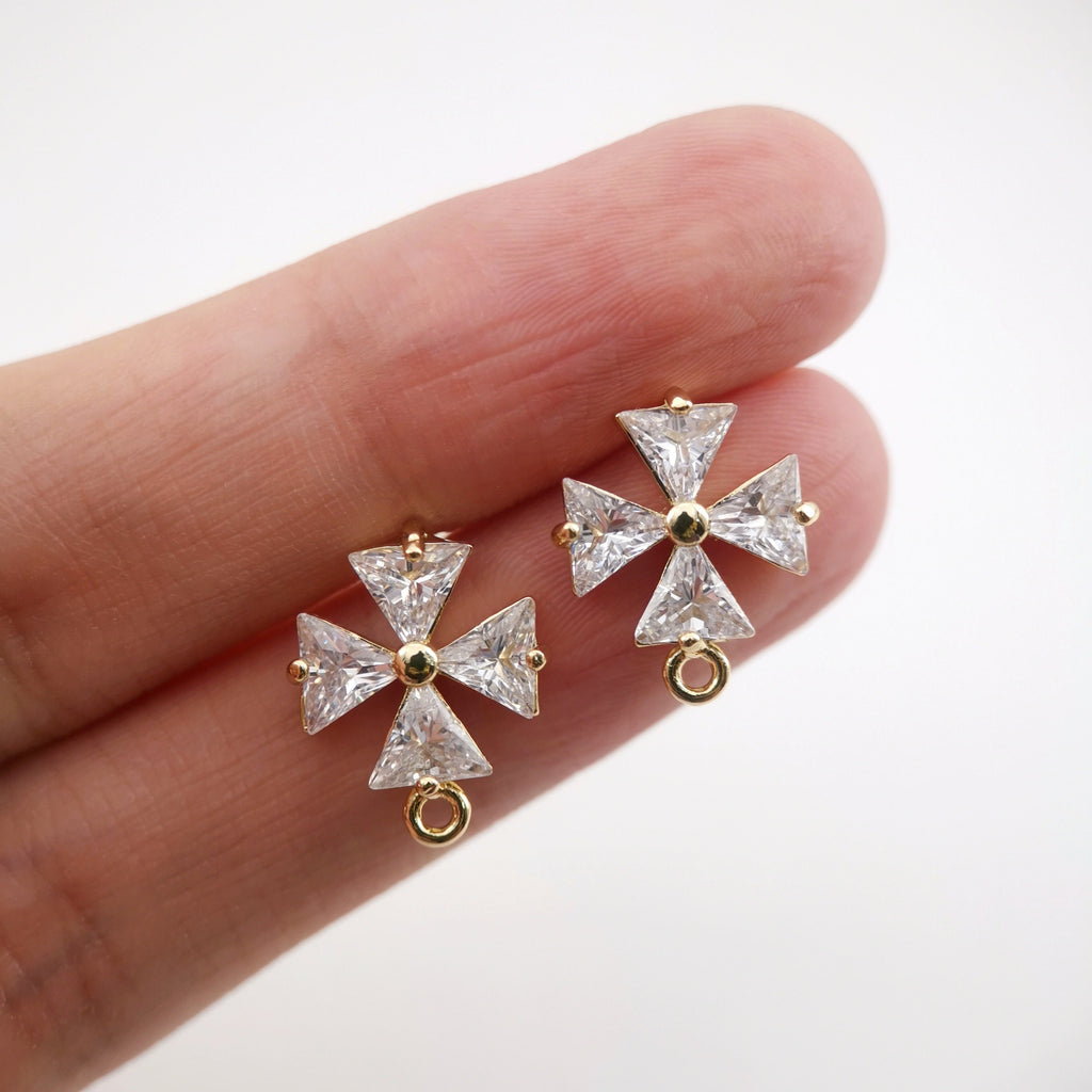 Cubic Zirconia Flower Post Earrings, Gold Plated Earring Post with Loop, Hypoallergenic, Handmade Earring Finding,DIY Earring Supplies D0035