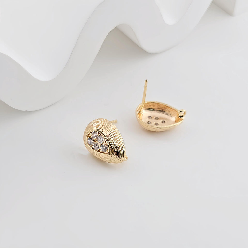 Gold Drop Shape Earring Post With Loop, Brushed Finish, CZ Pave, Nickel Free Earrings, Hypoallergenic Earring Findings ZX283