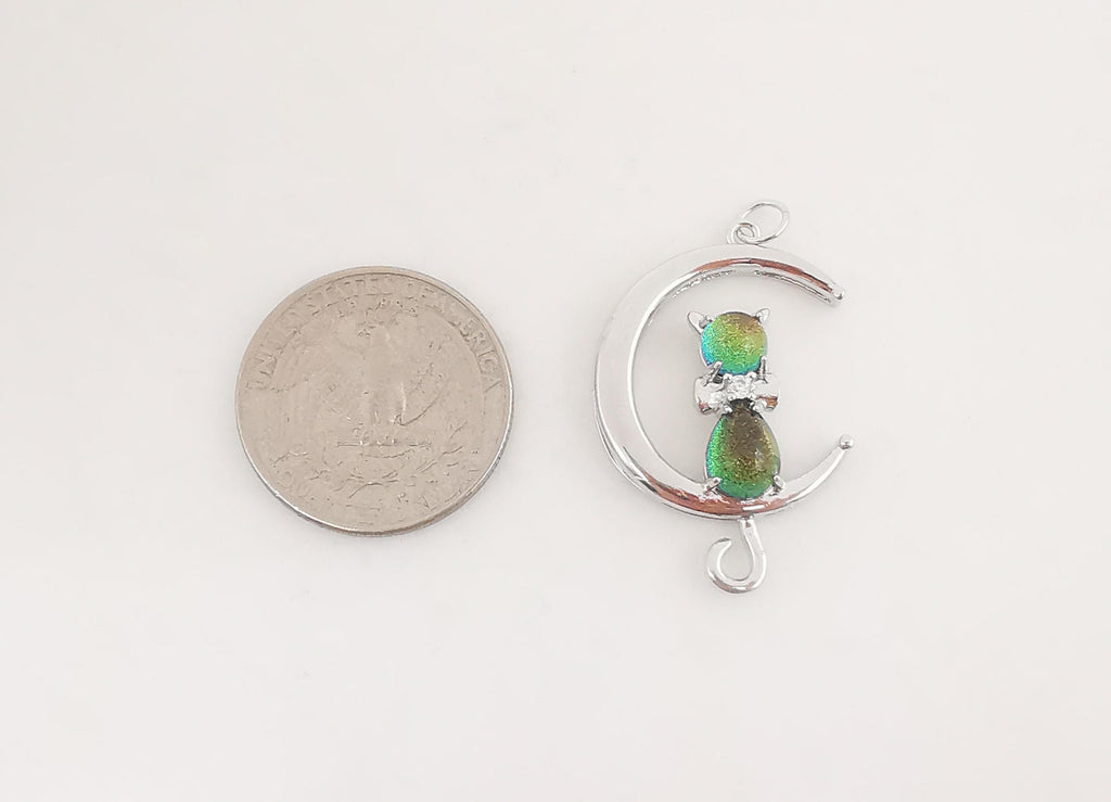 Dainty Cat on Moon Charm, CZ Pave Moon Pendant, Crystal Cat Multi Color, 18K Gold Plated, Necklace Pendant Findings S20278