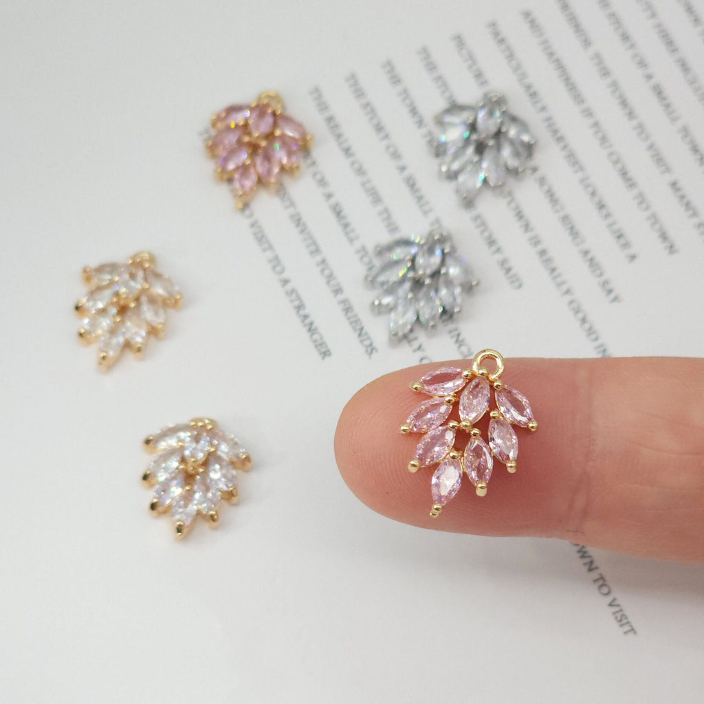 CZ Pave Leaf Charm, Cubic Zircon Crystal Leaf Pendant, CZ Earring Charms,  Real Gold Plated Brass Earring Charms, Jewelry Finding ZR004-F046