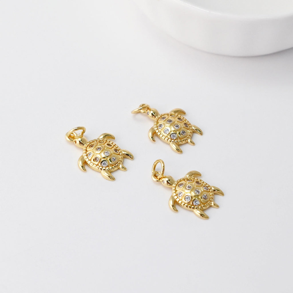 Sea Turtles Charm, 14K Gold Plated Cubic Micro CZ Pave Charms, Marine life Pendant for Necklace Jewelry Findings S20745