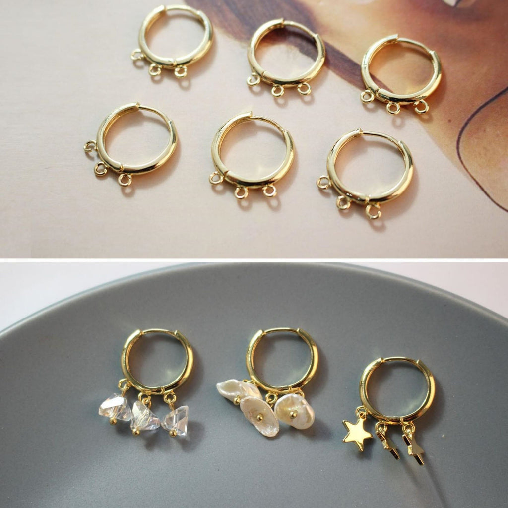 10pcs- Gold round Ear Hoops with 3 loops,  14K Gold/ Silver Plated Leverback Earrings, Huggie Hoops Earring BB041