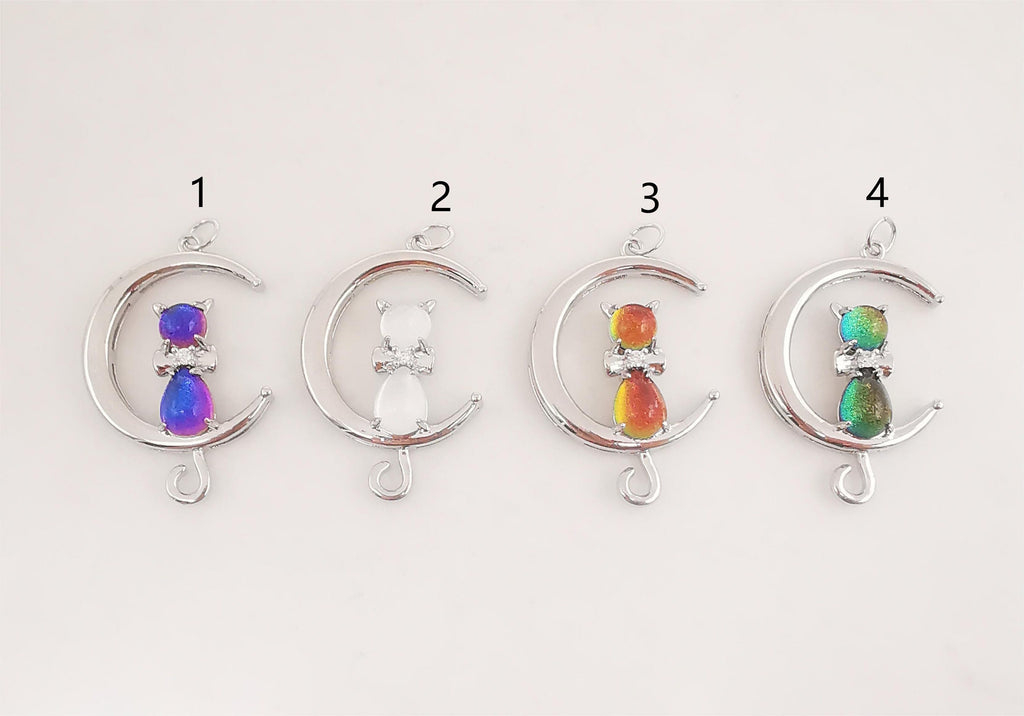 Dainty Cat on Moon Charm, CZ Pave Moon Pendant, Crystal Cat Multi Color, 18K Gold Plated, Necklace Pendant Findings S20278
