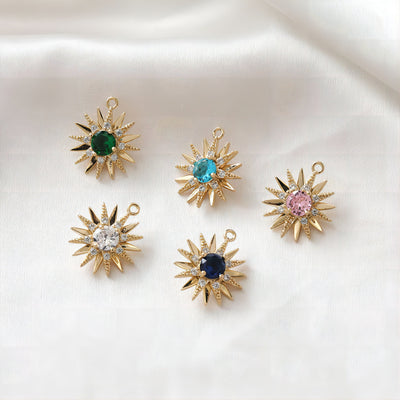 Danity Sun Shape Pendant, 14K Gold Plated, Crystal Charms, 15x17mm Jewelry Findings JH034