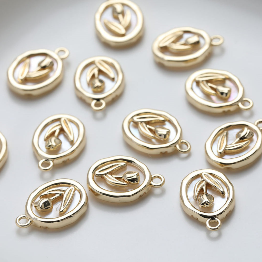 Tulips Oval Shell Pendant, 14K Gold/Silver, Oval Charm, Real Gold Plated, Jewelry Making Findings GZ507