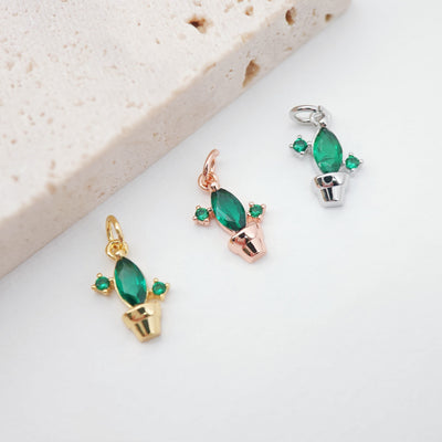 2PCS 10x7mm Green Cactus Charms, 18K Gold Plated Cubic Pave Charms, Tropical Plants Pendant,  Necklace charms, Jewelry Findings S628
