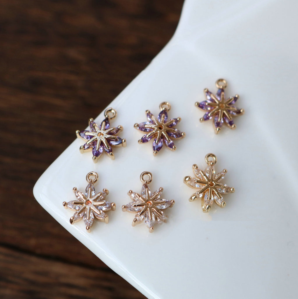 Dije de flor, colgante de flor de cristal de circonita cúbica, dijes para pendientes de circonita cúbica, dijes para pendientes de latón chapado en oro, accesorios de joyería HL021-F203