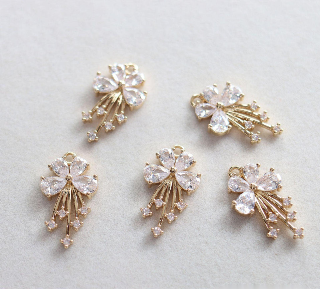 Dije de flor, colgante de flor de cristal de circonita cúbica, dijes para pendientes de circonita cúbica, dijes para pendientes de latón chapado en oro auténtico, accesorios de joyería STG019-F204