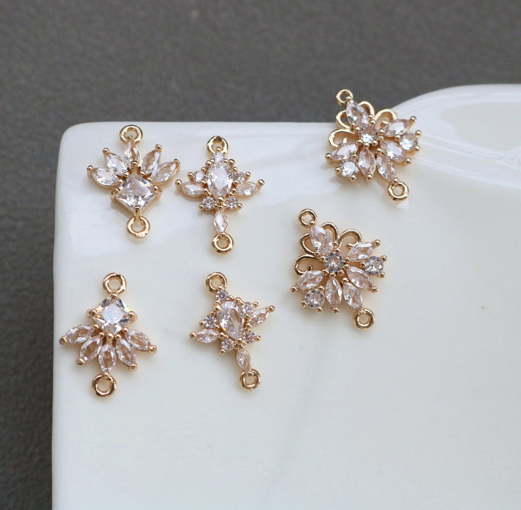 CZ Pave Leaf Charm, Cubic Zircon Crystal Leaf Pendant, CZ Earring Connector, Gold Plated Brass Earring Charms, Jewelry Findings HL018-F198