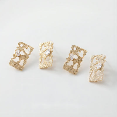 Frosted Rectangular Zirconia Earrings Post, 14K Gold/Silver, S925 Silver Pin Nickel Free Earrings, Knot Ear Stud with Loop GE026