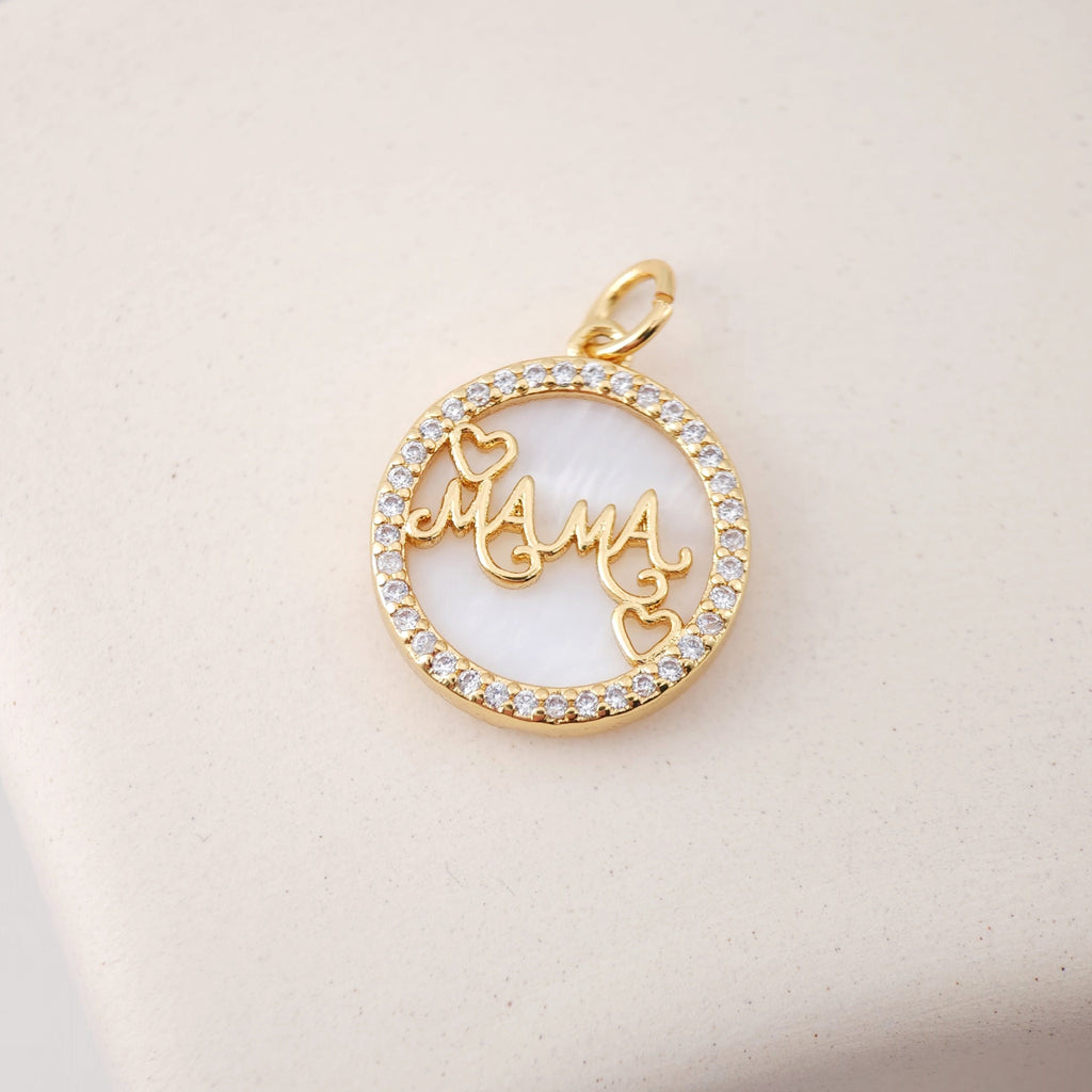 Cubic Round  MOP Mom Charm, 18K Gold Plated Micro CZ Pave Mama Pendant, Necklace Making Findings, Jewelry Finding Gift for Mom S1124