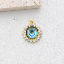 Load image into Gallery viewer, Evil Eye Charm, Enamel Devil&#39;s Eye Charm, Pave CZ, Round Pendant, 18K Gold Plated, Necklace Making Charm, Jewelry Findings S1347