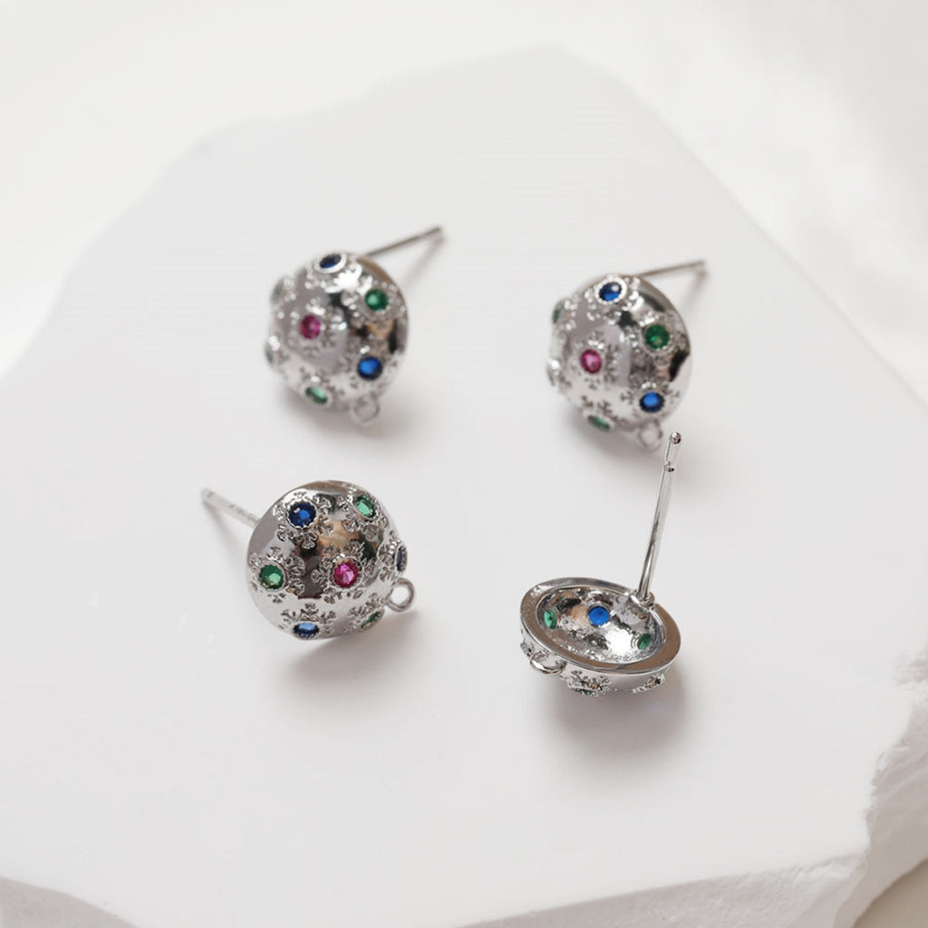 Round Pave Colored CZ Earring Post, S925 Silver Pin, 14K Gold/Silver Plated, Nickel Free Earrings, Irregular Shape Ear Stud with Loop GZ109