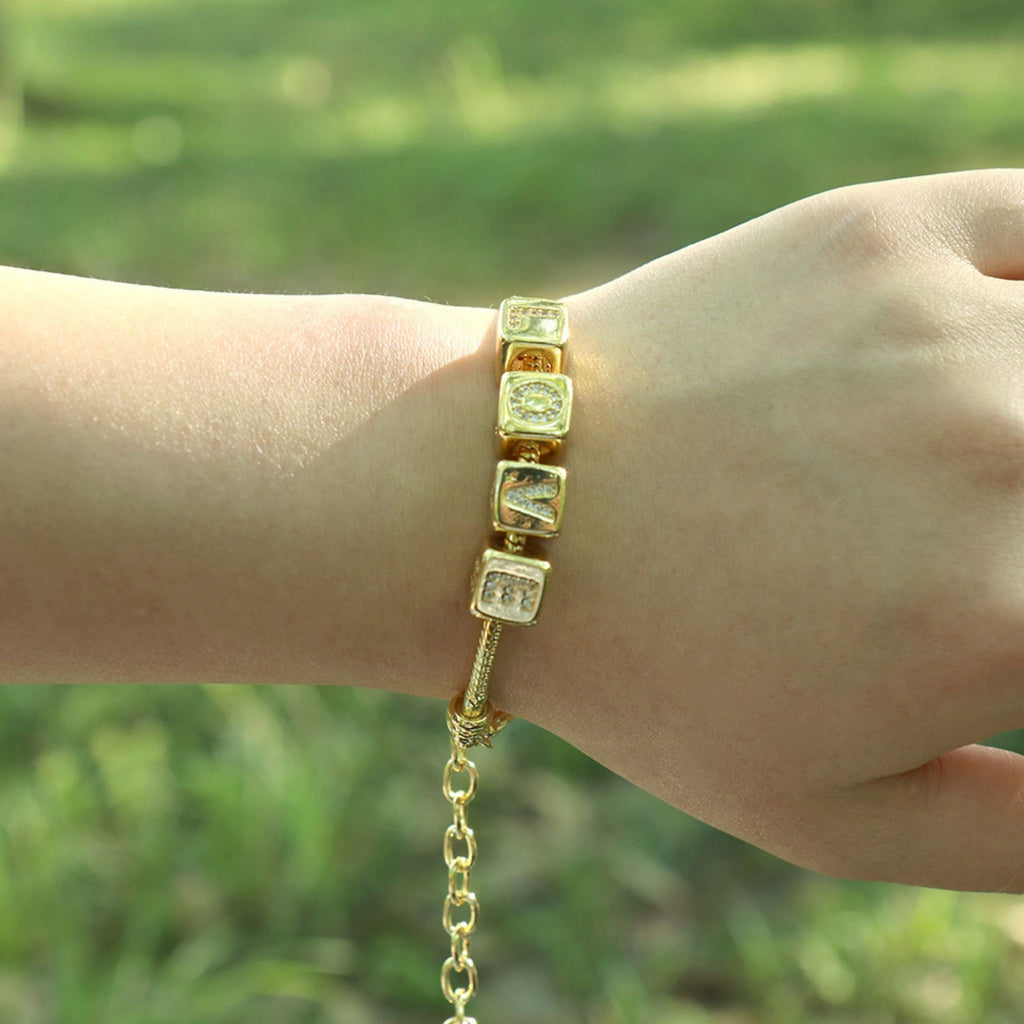 18K Shiny Gold Cube Alphabet Beads, Initial Square Beads, Micro CZ Pave, 9x9mm, Big Hole Letter Beads for Necklace Bracelet Making S909