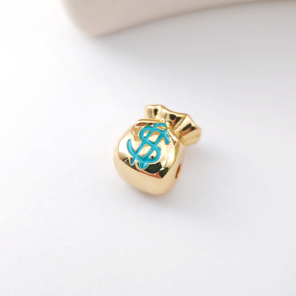 Enamel Money Bag Beads, Dollar Spacer Beads, 18K Gold Plated,  Bracelet Necklace Making Jewelry Finding S1136