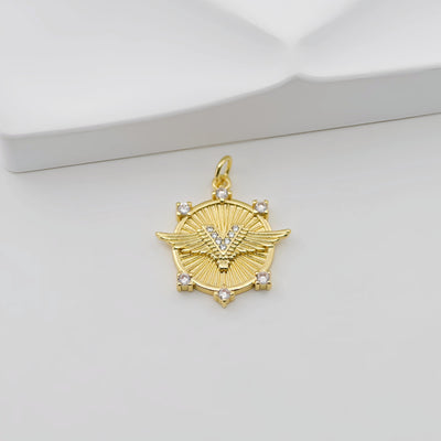 Round Badge Pendant, Wing Charm, Sun Pendant, 18K Gold Plated, Necklace Making Charm, Jewelry Findings S20740