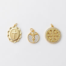 Load image into Gallery viewer, Cross Charm, Coin Pendant, Jesus Charm, 18K Gold Plated CZ Pave Religions Pendant, Necklace Making Charm, Jewelry Findings S20831