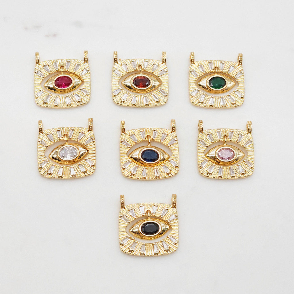 Rectangular Evil Eye Charm, 18K Gold Plated,  Pave CZ Eye Pendant, 22.8x22mm, Necklace Making Charm, Jewelry Findings S20380
