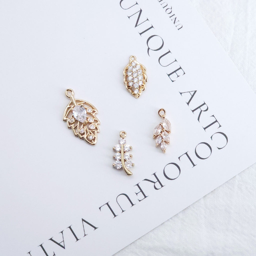 CZ Pave Leaf Charm, Cubic Zircon Crystal Leaf Pendant, CZ Earring Charms,  Real Gold Plated Brass Earring Charms, Jewelry Finding ZR009-F141
