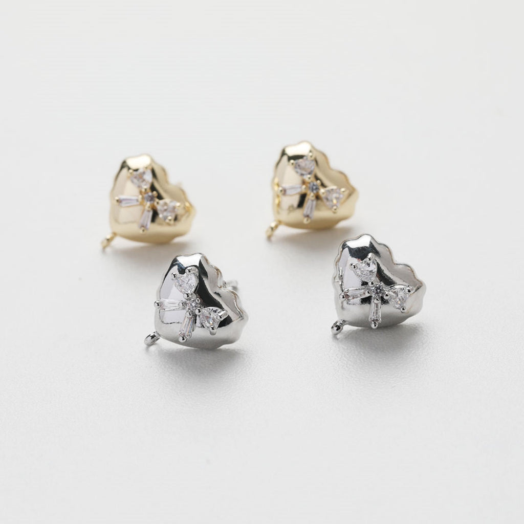 Heart CZ Post Earring, 14K Gold/Silver Nickel Free Earrings, S925 Silver Ear Pins, Heart Shape Ear Stud with Loop GZ508