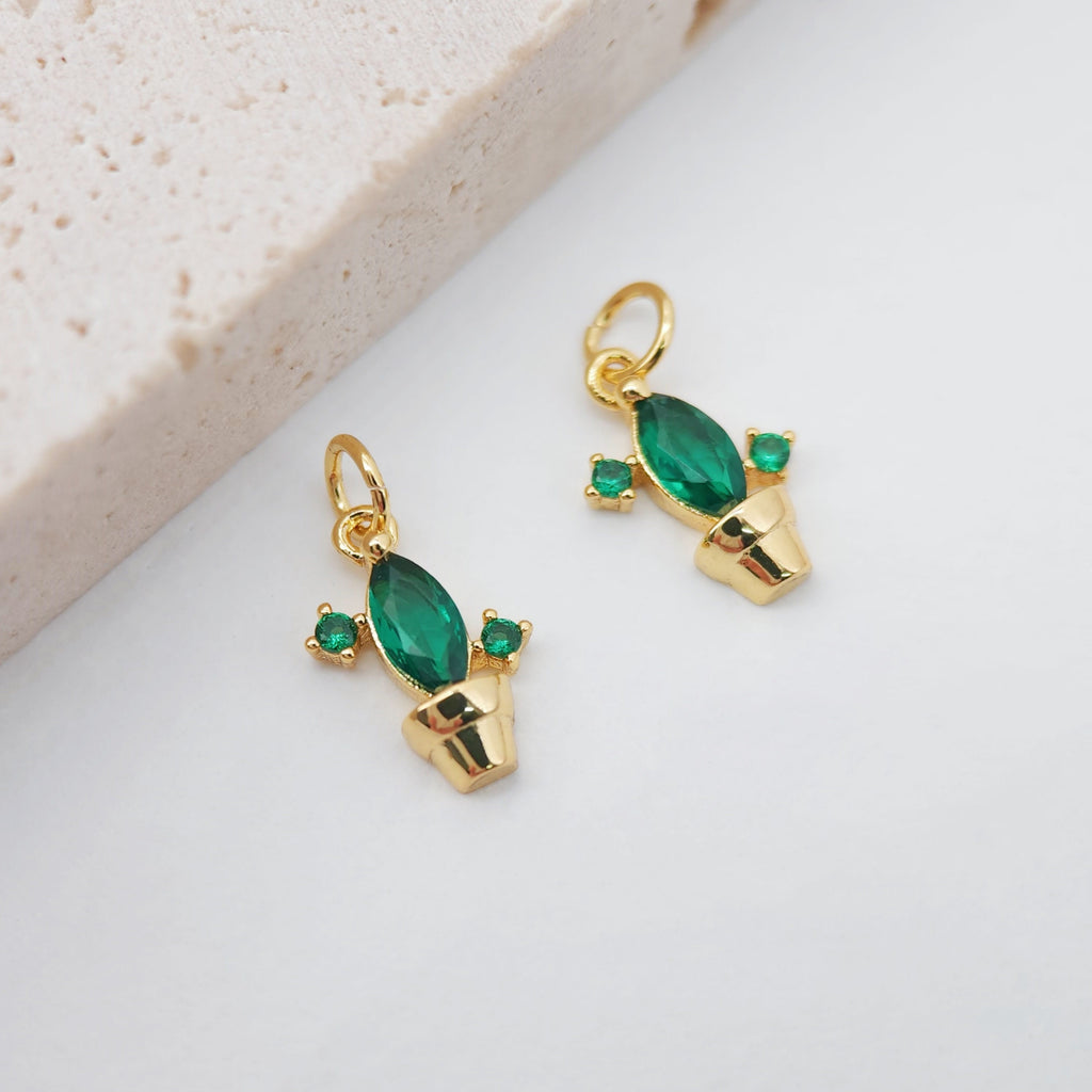 2PCS 10x7mm Green Cactus Charms, 18K Gold Plated Cubic Pave Charms, Tropical Plants Pendant,  Necklace charms, Jewelry Findings S628