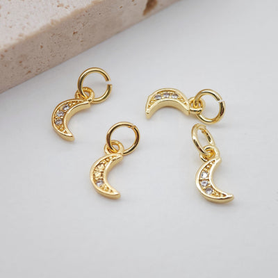 Cubic Crescent Moon Charm, 18K Gold Plated Moon Pendant, Clear Micro CZ Pave Horn Charms, 8x4mm, Jewelry Findings S760