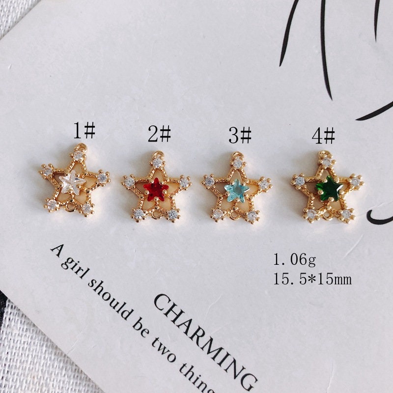 10 dijes de estrella diminutos, colgante de estrella cúbica de cristal, conector de estrella, chapado en oro de 18 quilates, dijes para collar, accesorios de joyería MY067-F051
