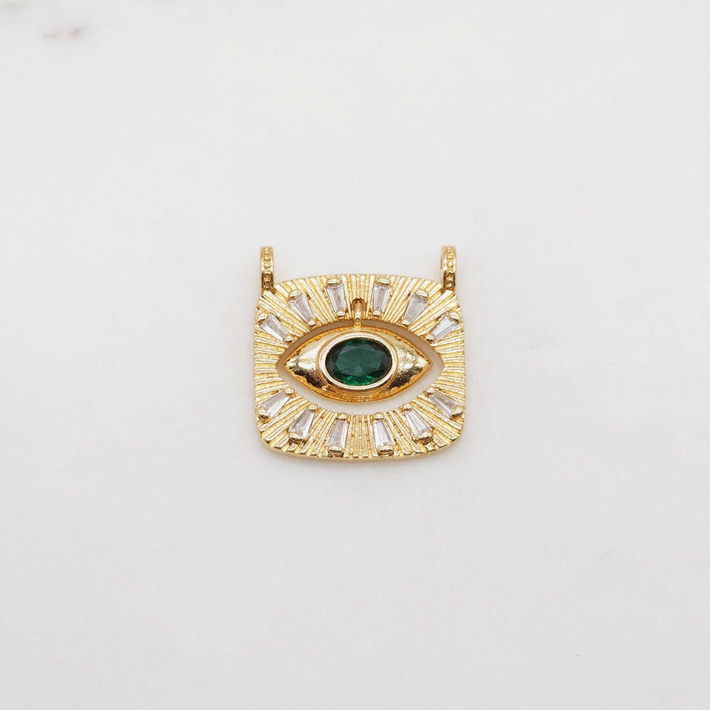 Rectangular Evil Eye Charm, 18K Gold Plated,  Pave CZ Eye Pendant, 22.8x22mm, Necklace Making Charm, Jewelry Findings S20380