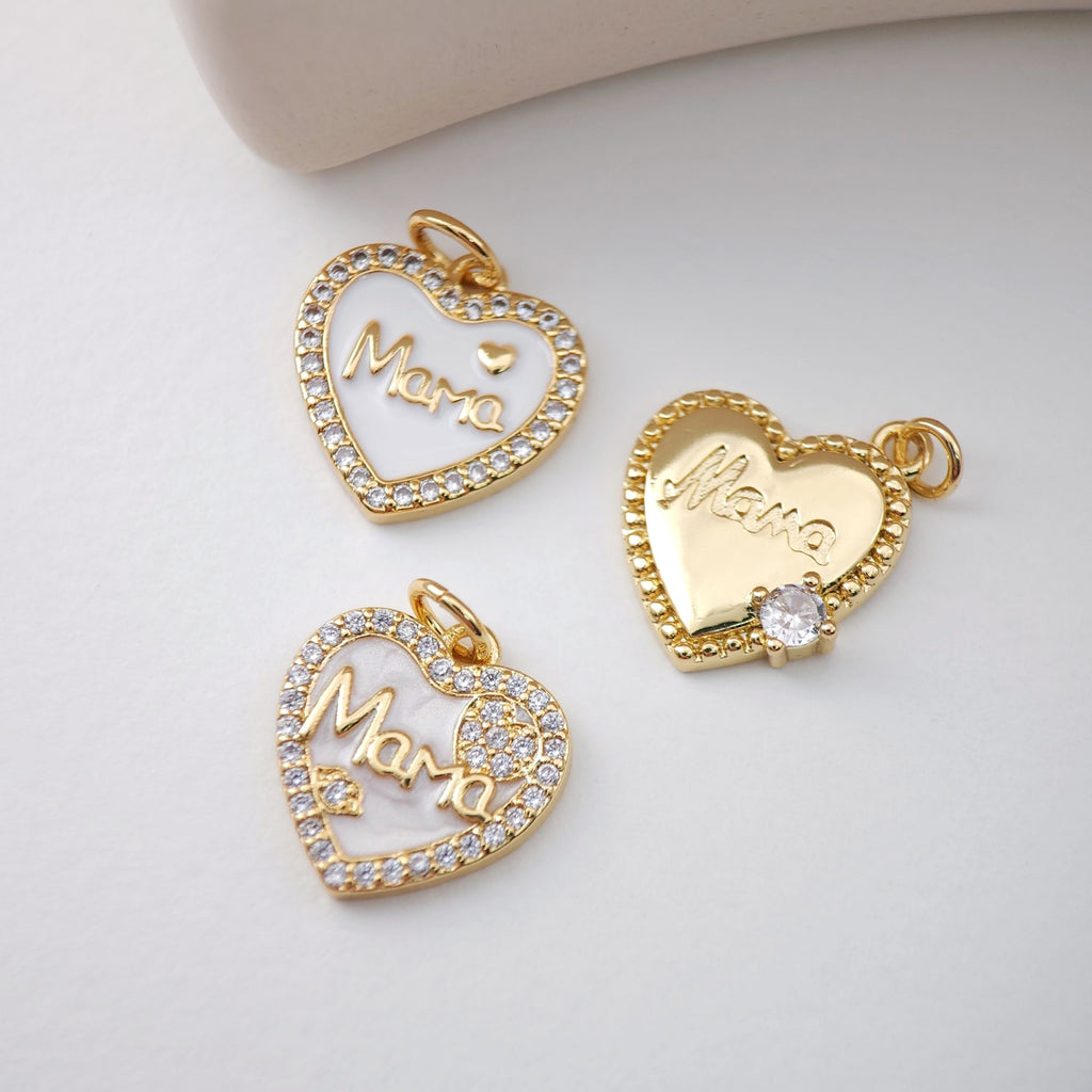 Cubic Love Mom Charm, 18K Gold Plated Micro CZ Pave Heart Pendant, Necklace Making Findings,  Jewelry Finding Gift for Mom S1122