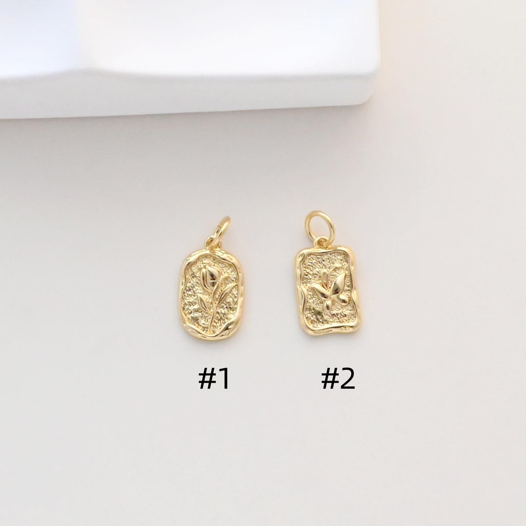Flower Charm On Oval Shape, 18K Gold Plated, Rectangular Flower Pendant, Necklace Earring Making Charms, Jewelry Findings S1326
