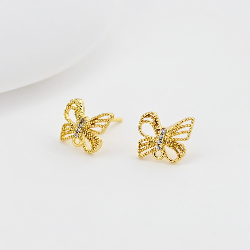 Butterfly Post Earring, 18K Real Gold Plated Brass Stud Earring With Loop, S925 Silver Pin, Nickel Free, Earring Finding D0416