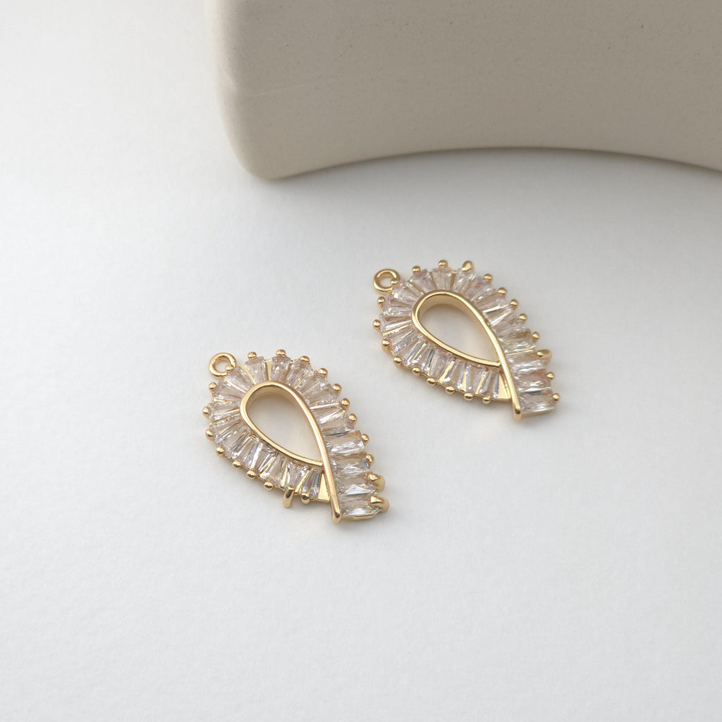 CZ Pave Leaf Charm, Cubic Zircon Crystal Leaf Pendant, CZ Earring Charms,  Real Gold Plated Brass Earring Charms, Jewelry Finding D0229